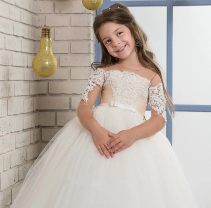 Платья с цветочным узором для маленьких девочек; Свадебные Длинные платья в пол с вырезом лодочкой; кружевные Детские платья принцессы для первого причастия
