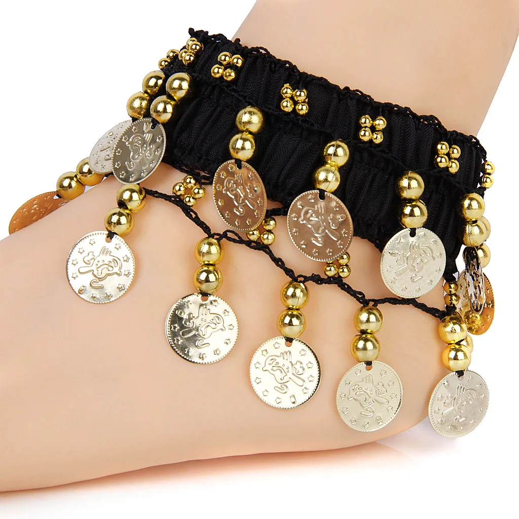 Chic Belly Dance Arm Ankle Cuff Wrist Bracelets W/ 24 Golden Coins - Black