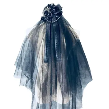 

2 Layer Faux Flower Beads Chain Wedding Veil Lace Bow Black Tulle Mesh Decor Kit