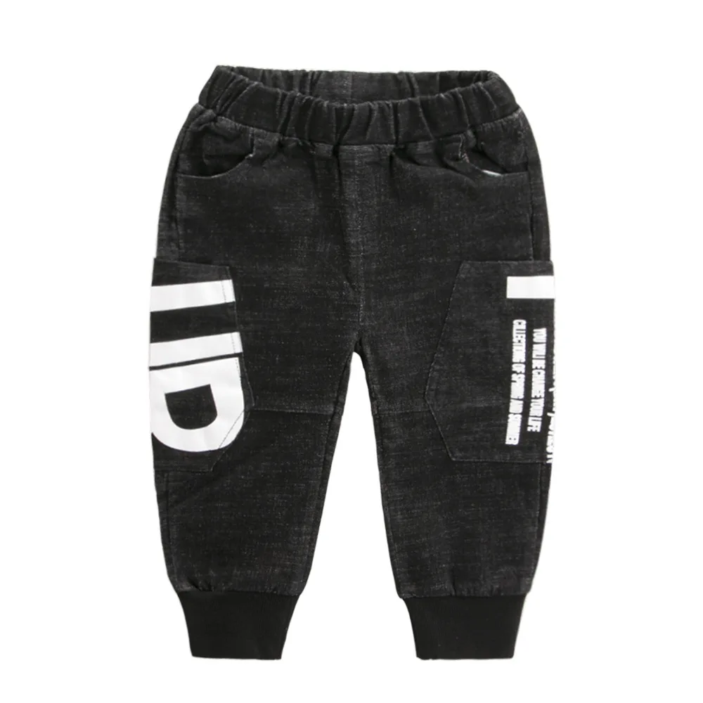 

2018 Spring And Autumn New Style Printed Letter BOY'S-Style Jeans Black And White with Pattern Versatile Comfortable Elastic Cro