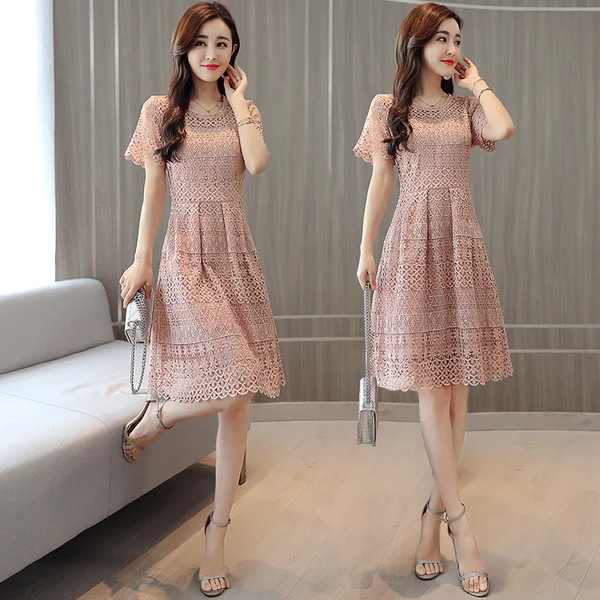 

Lace Hollow Out Dress Adjustable Waist 4 Color A-Line Elegant Blue Blace Gray White Beige Party Dresses 0823#7