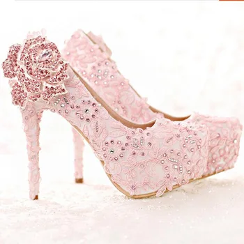 

Fashion Rhinestone Rose Flower High Heel Wedding Shoes Pink Lace Bride Shoes Platform Round Toe Princess Pumps Prom Shoes