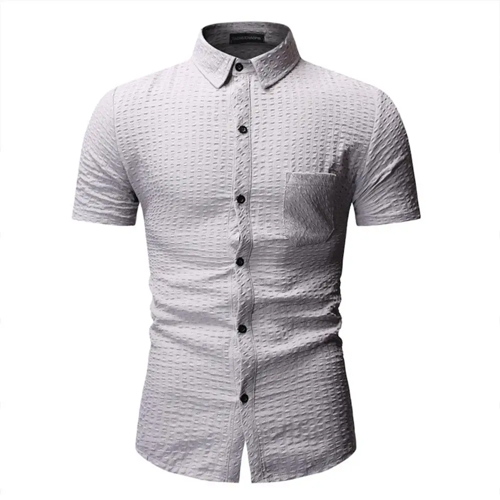 light grey Yiwa Мужской Топ Летняя мода дышащий Тонкий Вырез 3D с коротким рукавом клетчатая рубашка решетки лацканы кардиган одежда - Цвет: light grey