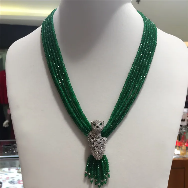 

Women's fashion Leopard head clasp DIY accessory 6row green Jade stone necklace welcome custom colors fashion jewelry 19inch