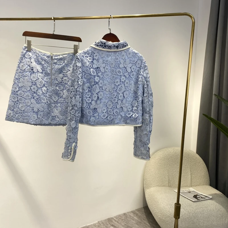 Solid Blue Office Lady Dress Sets 2021 Women Fashion Lace Pearl Hollow Out Designer Bow Long Sleeve Pockets Top Skirts |