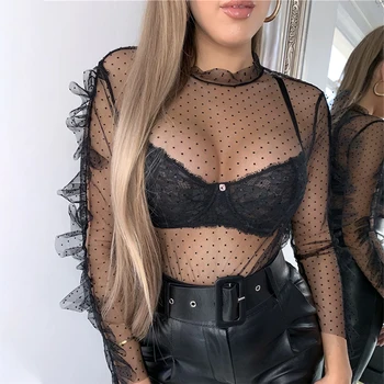 

Summer Women Sweet Sexy Vintage Mesh Lace Transparent Long Sleeve Blouses Shirts Mesh Polka Dot Tops Female