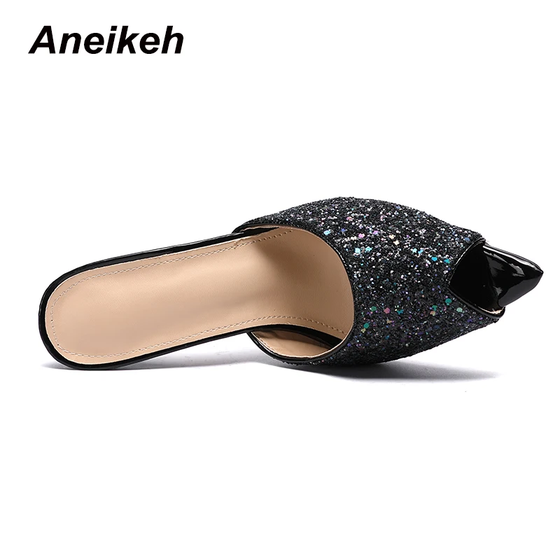 Aneikeh; Новинка года; сезон лето; босоножки из расшитой блестками ткани; шлепанцы без шнуровки на тонком высоком каблуке; Вьетнамки; женская обувь; пикантные шлепанцы; туфли-лодочки