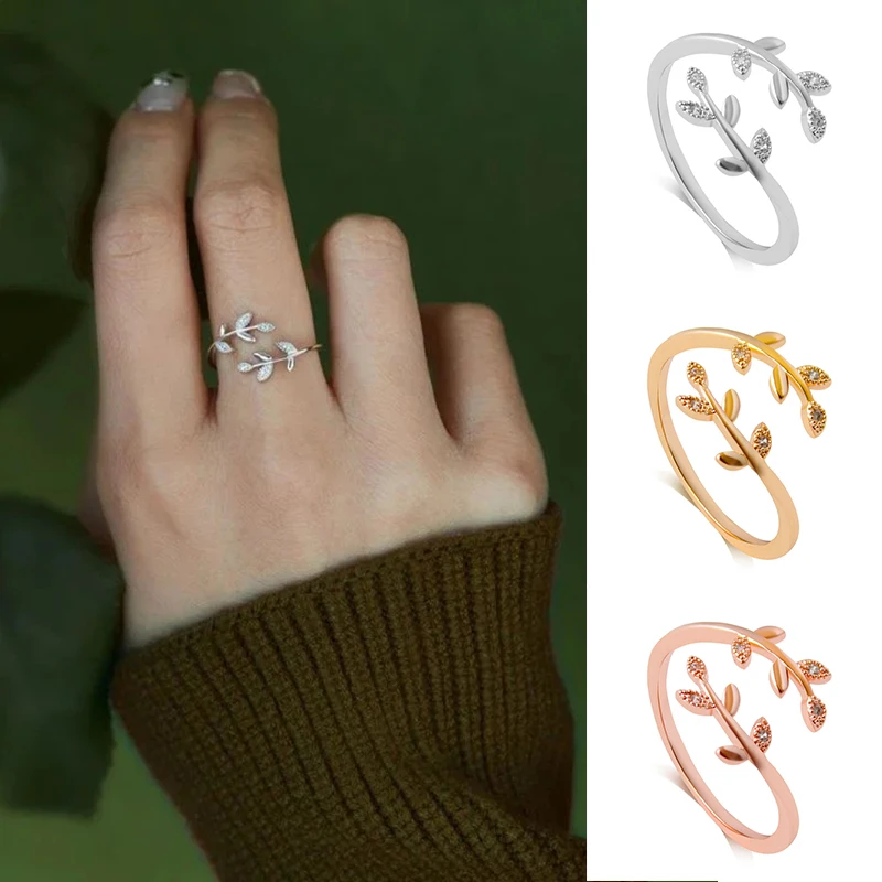 Grow Through What You Go Through Adjustable Leaf Ring Open Ring Jewelry Gift for Girl Women