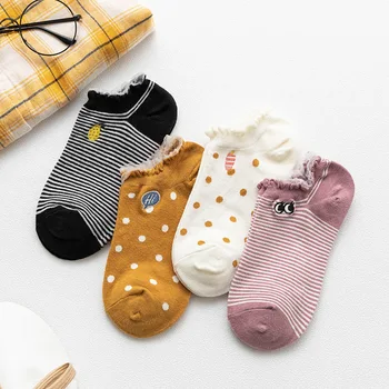 

Spring and Summer Cute Cartoon Socks Dots And Stripes Embroidery Ankle Socks College Style Short Cotton Socks 2020 New Fashion