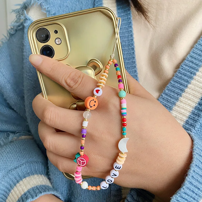 New Multicolor Mobile Phone Chain Handmade Strap Lanyard Beads Smile LOVE Letter Charm Anti-lost Cellphone Case Rope For Women 