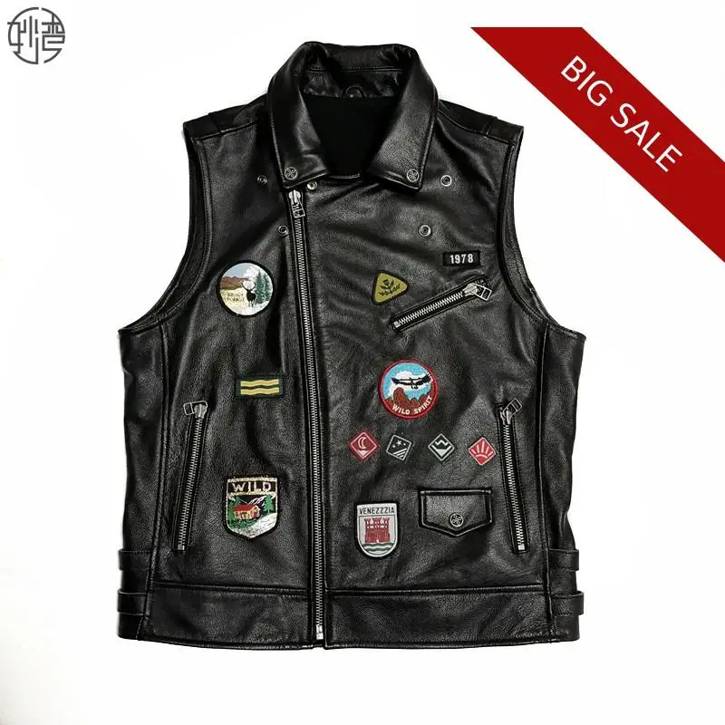 

2019 Black Men Slim Fit Motorcycle Leather Vest Plus Size XXXXL Genuine Cowhide Autumn Biker's Leather Vest