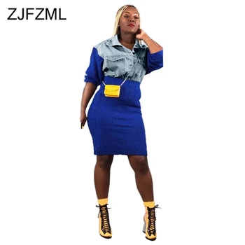 

Fall Winter Denim 2 Piece Set Women Contrast Color Turn Down Collar Long Sleeve Buttons Loose Coat + Midi Pencil Skirts Outfit