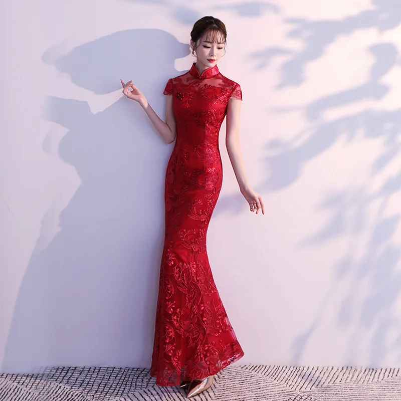 Chinese Dress Female Evening Dress Lace Mermaid Chinese Style Lady Cheongsam Long Tight Elegant Big Size 3XL Vintage Red Bride Wedding Qipao