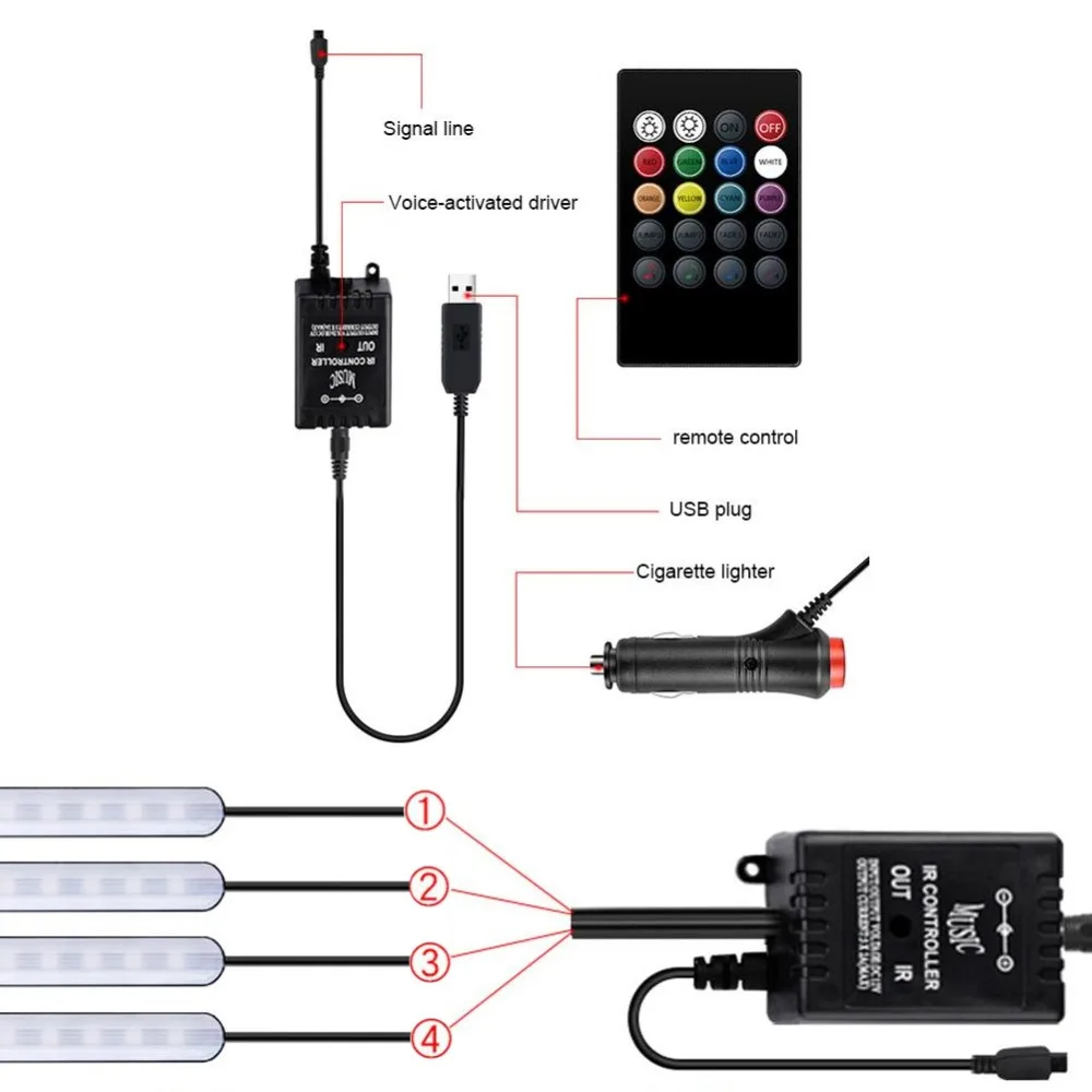 Атмосферное освещение автомобиля ножной свет USB прикуриватель дистанционное управление интерьер декоративный окружающий светодиодный светильник полосы аксессуары