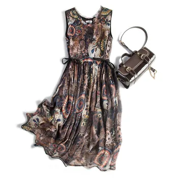 

2020 Summer Tank Dress Print Straight Vintage Sleeveless Knee-Length O-Neck Natural Silk Vestidos Novos De 2020