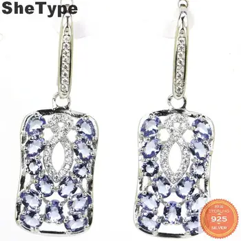 

39x13mm Luxury 4.9g Created Green Emerald Pink Morganite Iolite CZ Ladies 925 Solid Sterling Silver Stud Earrings