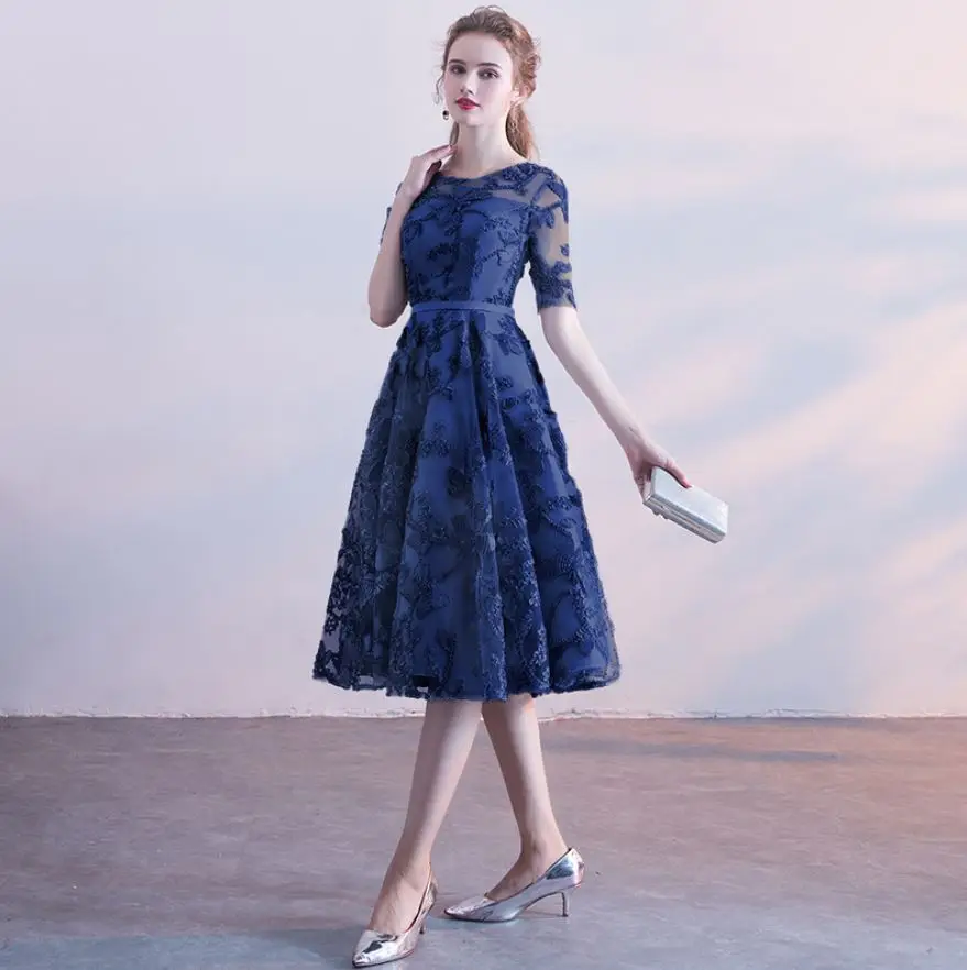 navy blue Vestido para casamento convidada; Новинка; кружевное платье трапециевидной формы с рукавом до локтя; цвет синий, шампань, черный, темно-синий, бордовый; платье подружки невесты - Цвет: navy blue