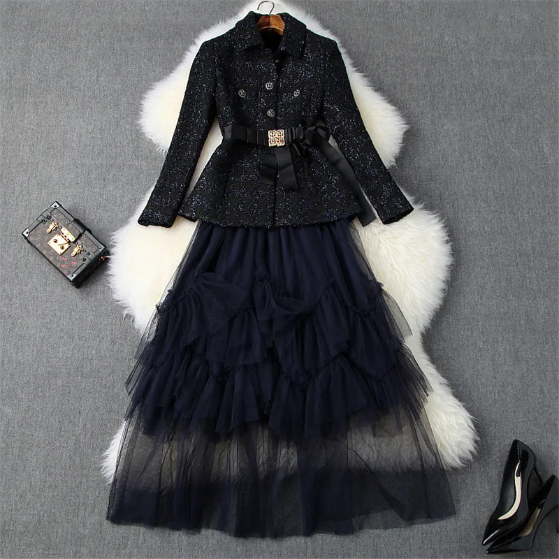 Высококачественная осенне-зимняя дизайнерская юбка с рюшами, комплект из 2 предметов, женская модная твидовая куртка с длинными рукавами, пальто+ длинная юбка из тюля, костюм - Цвет: Тёмно-синий