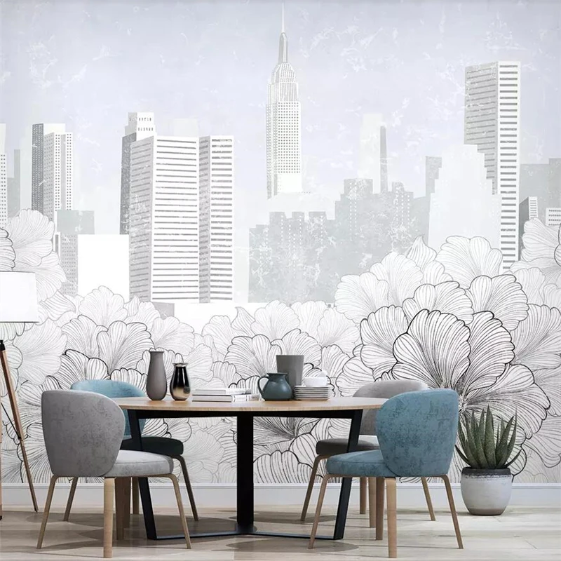 Customize Modern minimalist line drawing flower city architecture TV background wall painting custom large mural green wallpaper |