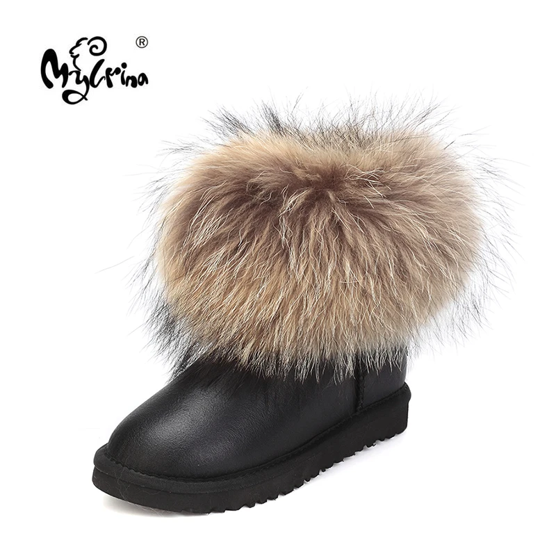 

Women Boots Genuine Sheepskin Leather Real Fox Fur Brand Winter Shoes Warm Black Round Toe Casual Plus Size Female Snow Boots
