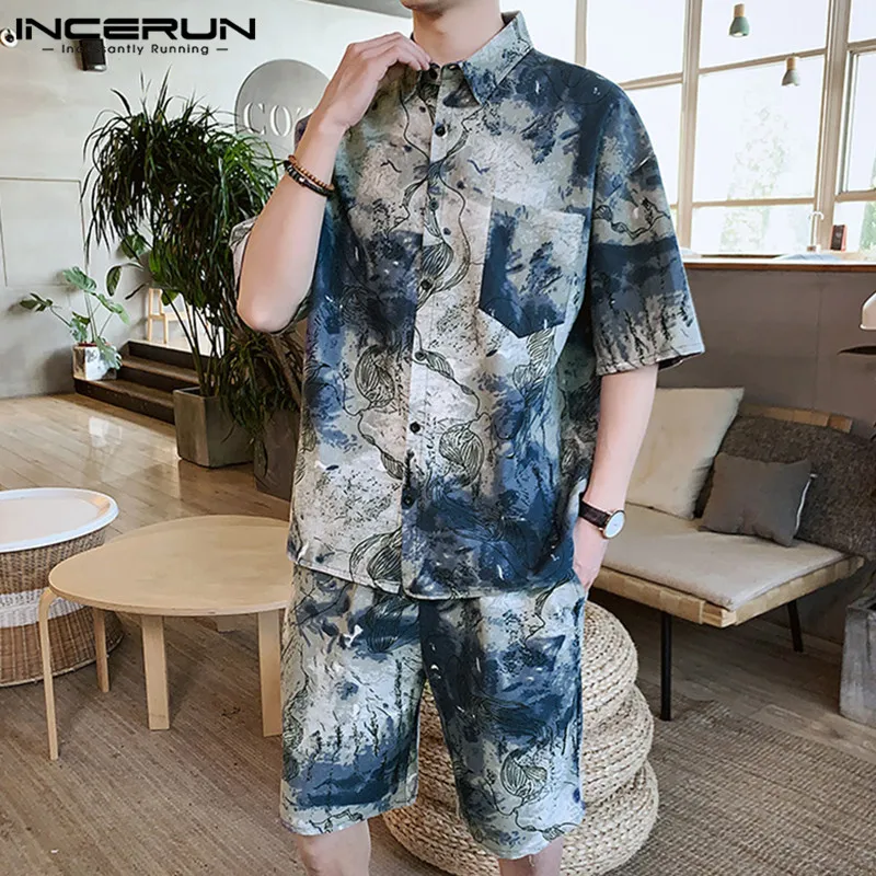 INCERUN Printing Men Sets Half Sleeve Lapel Shirt & Shorts Pockets Streetwear Cotton Male Casual Suit Summer Vintage Men Clothes INCERUN Printing Men Sets Half Sleeve Lapel Shirt & Shorts Pockets Streetwear Cotton Male Casual Suit Summer Vintage Men Clothes