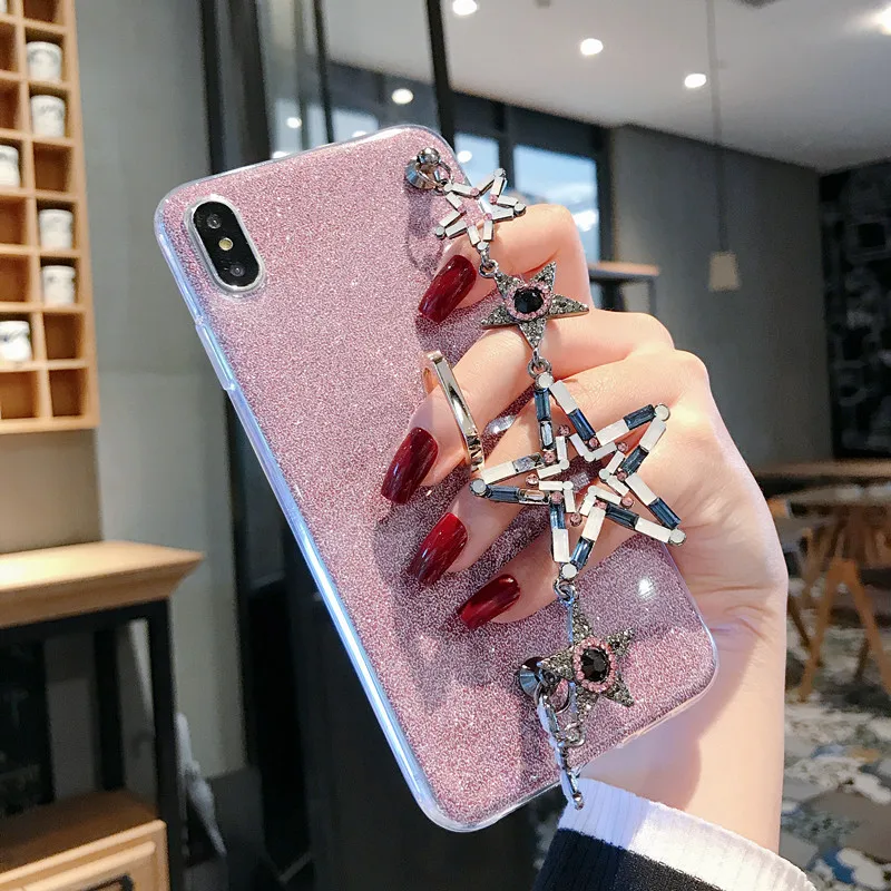 Роскошный блестящий браслет чехол для iPhone 6 6S 7 8 Plus X XR XS Max - Цвет: Rose Gold SheHuaFeng