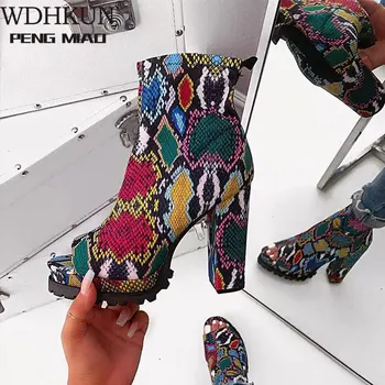 

Women Zip Peep Toe Ankle Boots Spring 2020 New Ladies Snake Pattern Platform Thick High Heels Female Leopard Fashion Shoes