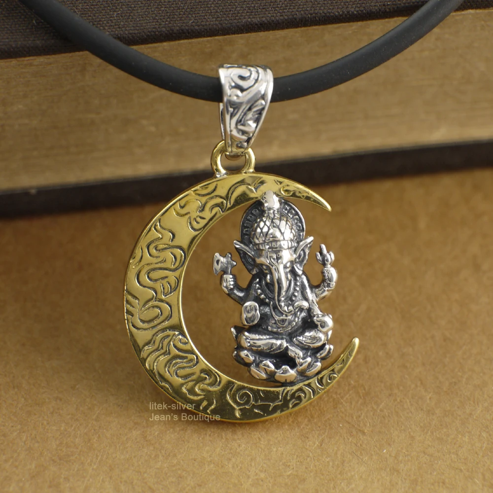 Мужской кулон для йоги серебряная подвеска Lord Ganesha на золотой Луне а2110|pendant