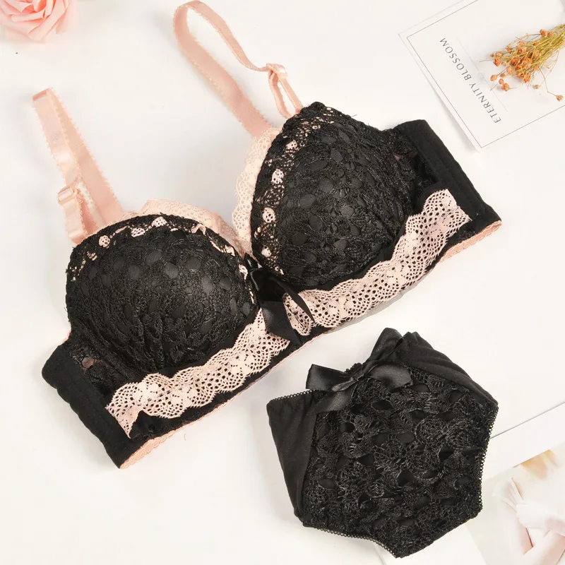 Ladies Set Bras Cup Sexy Lace Bra & Brief Sets Transparent Women Underwear  Black Embroidery Bow