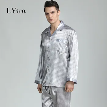 

LYun Men's printed imitation silk pajamas, spring, summer, summer long-sleeved suits, plus large home clothes, pajamas