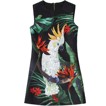 

Women black dress new 2020 high qualitu beading jacquard sleeveless cute animal parrot print summer dresses