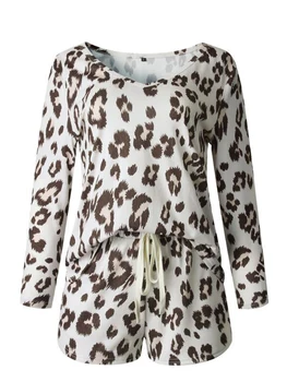 

2020 Women Summer Household Leopard Printed Casual Style Pajamas Loose Elastic Homewear Long Sleeve Top High-Waist Pants