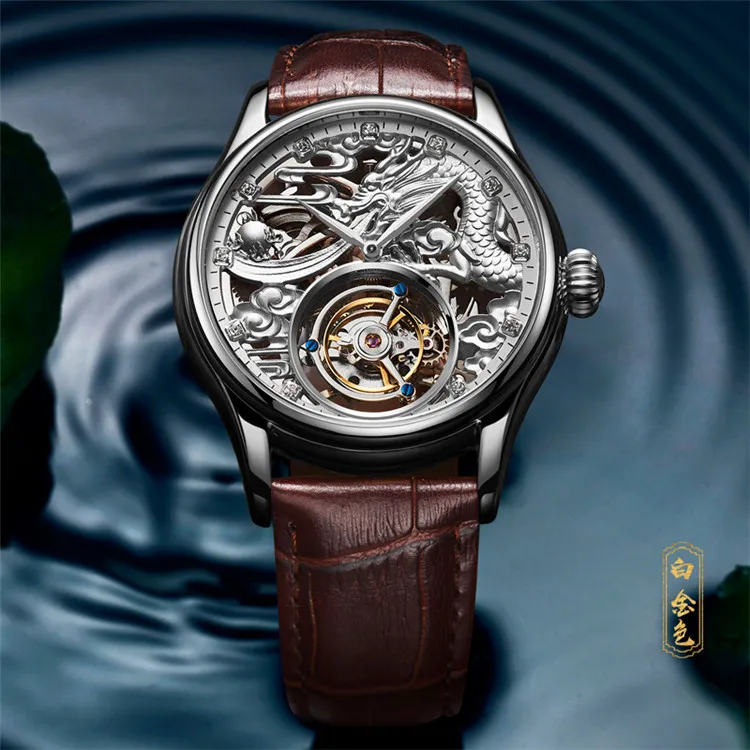 Роскошные мужские Tourbillon часы с зодиакальным драконом Топ бренд Kopeck механические Ретро Мужские наручные часы с скелетом Поддержка - Цвет: Silver