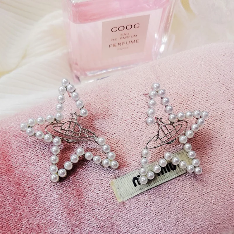 S925 Серебряные иголки Сатурн жемчужные серьги женские роскошные брендовые серьги-гвоздики с четырехконечными звездами модные свадебные ювелирные изделия Z104 - Окраска металла: silver