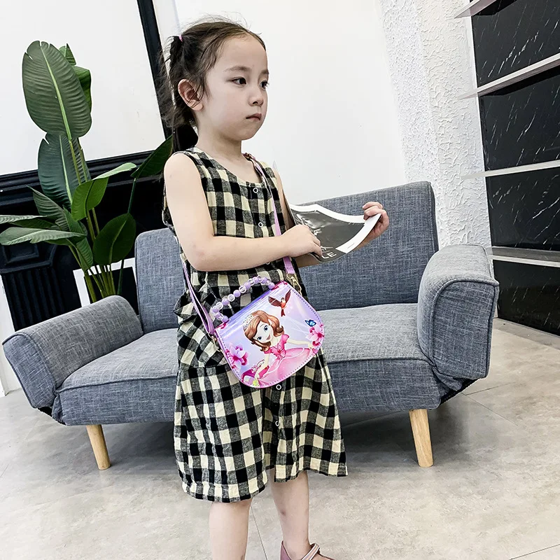 Disney Sofia frozen princess laser cartoon beaded bag girl messenger bag little girl shoulder bag handbag baby mini cute purses
