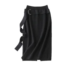 Осенние вязанные длинные юбки, зимние плотные шерстяные повседневные Плиссированные Длинные юбки до середины икры, синие кашемировые вязанные длинные юбки