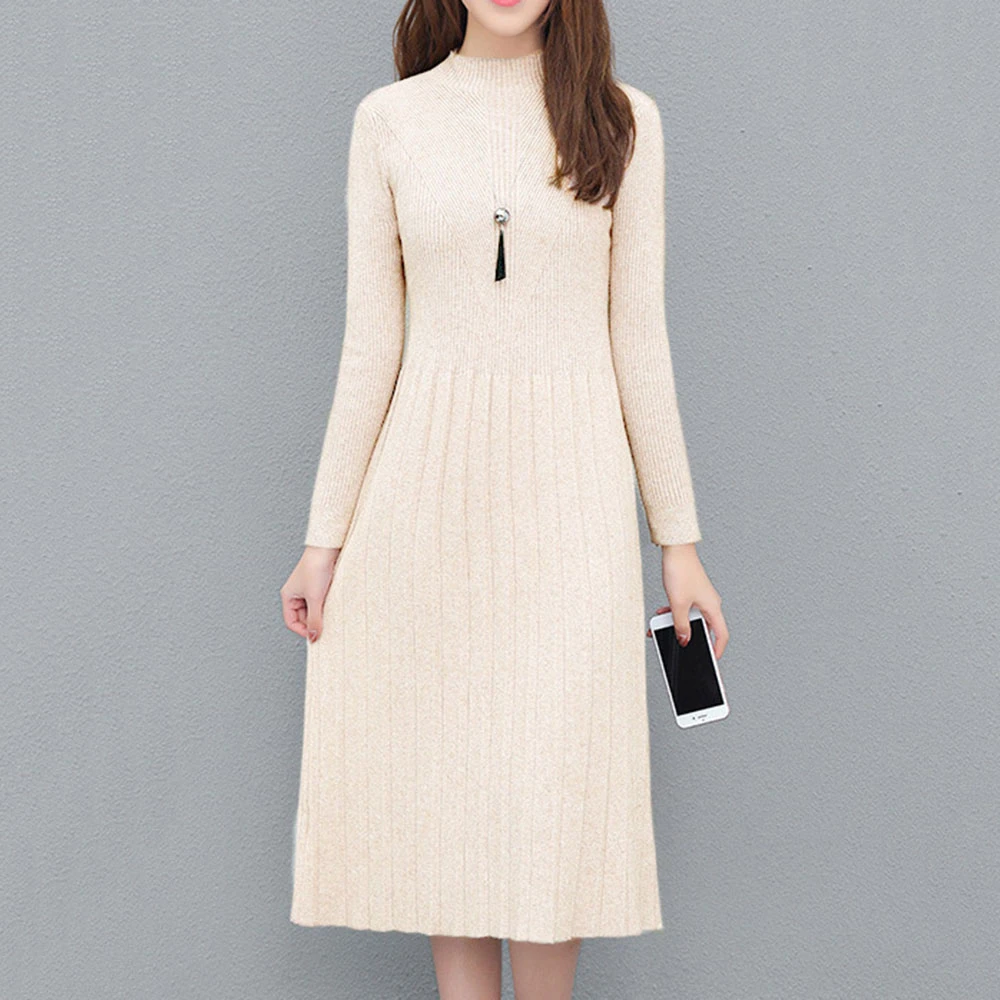 Vestido de Punto liso de cuello alto mujer, Invierno, suéter grueso, Vestidos de media pantorrilla, vestido largo negro acampanado, Vestidos femeninos|Vestidos| - AliExpress