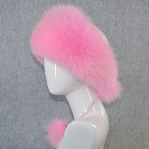 pink Женская зимняя шапка из натурального Лисьего меха, теплая мягкая пушистая шапка из меха лисы для девочек, роскошная Высококачественная шапка-бомбер из натурального Лисьего меха - Цвет: pink