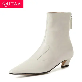 

QUTAA 2021 Pointed Toe Quality Cow Leather Ankle Boots Autumn Winter Fashion Square Heel Zipper Women Shoes Big Size 34-43