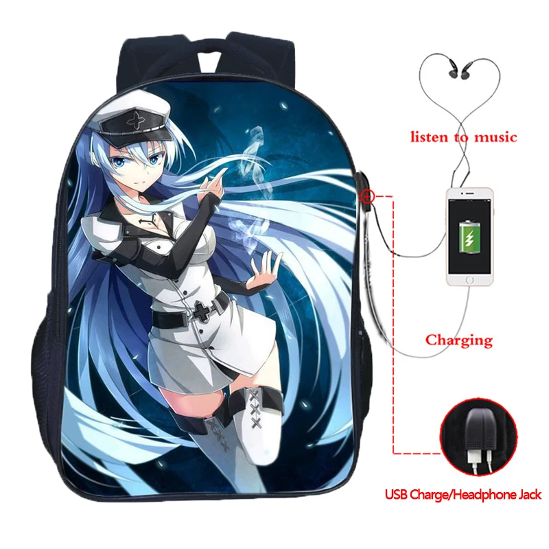 Akame Ga Kill! Usb Charge School Mochila Students Teens Double Pocket Backpack Fashion Men Women Travel Shoulder Rucksack