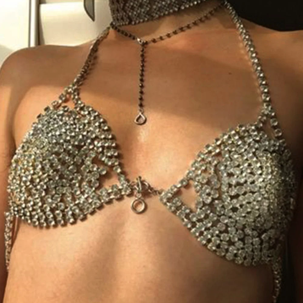 Stonefans Round Diamond Bralette Rhinestone Underwear Mesh Beach Sexy  Swimsuit Crystal Bikini Bra Jewelry for Women Rave Outfits