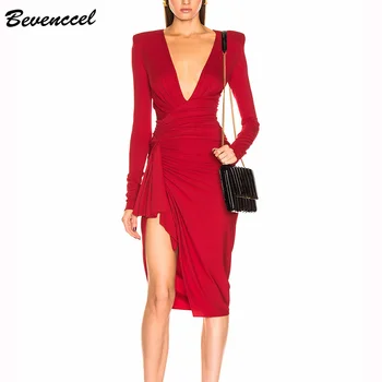 

Bevenccel New Arrival Sexy Deep V Evening Party Dress 2020 Elegant Long Sleeve Draped Split Bodycon Women Winter Runway Dress