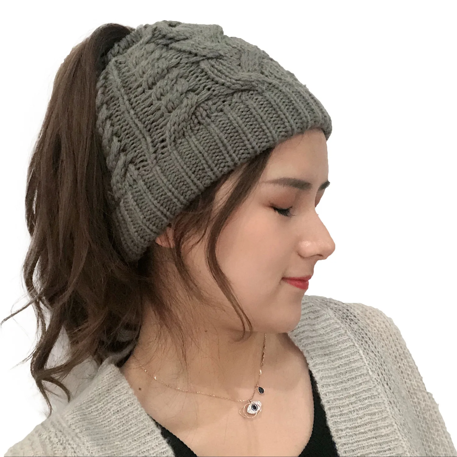 Womens Ponytail Winter Beanie Hat Warm Knit Messy Bun Ponytail Skull Cap Faux Fur Pom Pom Beanie