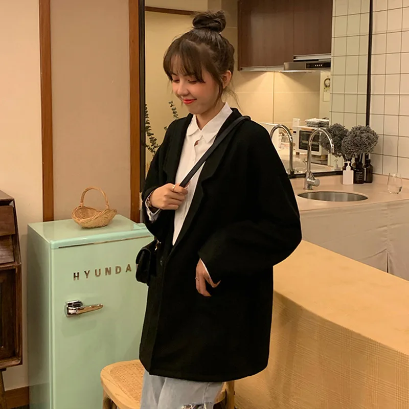 Coat Women's New Style Spring And Autumn Korean-style Loose-Fit Elegant Students Retro Black Suit Outdoor Long-sleeved Uppe