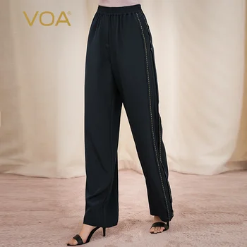 

VOA heavy silk dark green elasticated mid-waist micro-elastic open-line decoration simple casual straight trouser K1070
