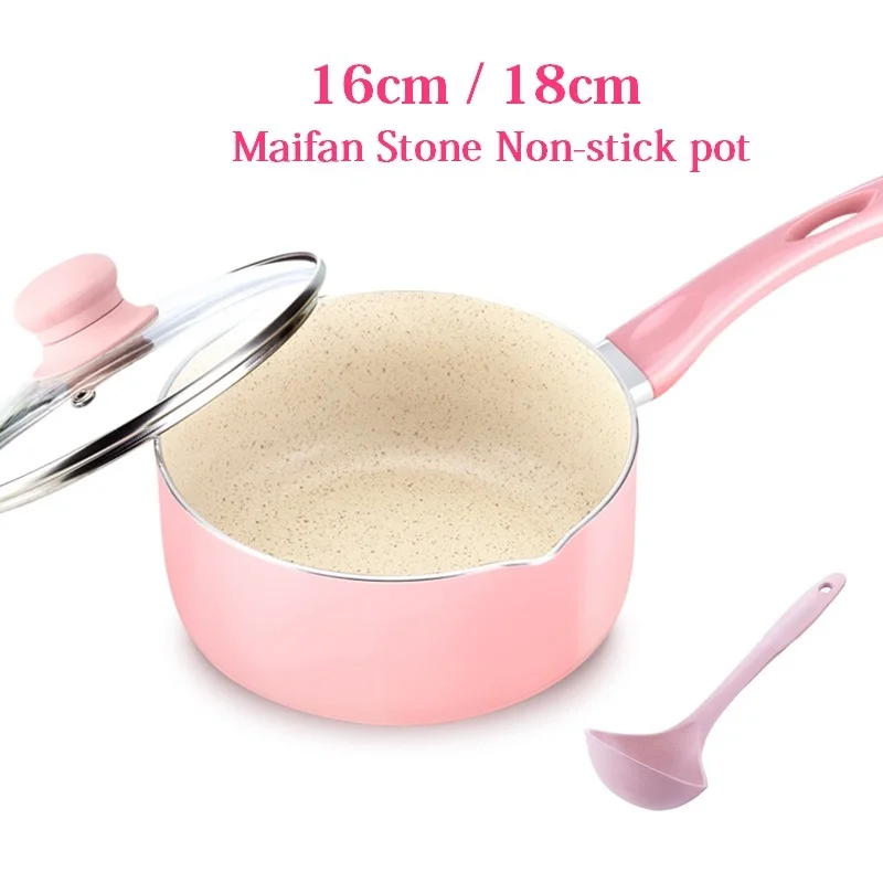 

16CM/18CM Pink Mainfan Stone Soup Pot Milk Saucepan Portable Non-stick Cooking Pan Kitchen Cookware For Gas & Induction Cooker
