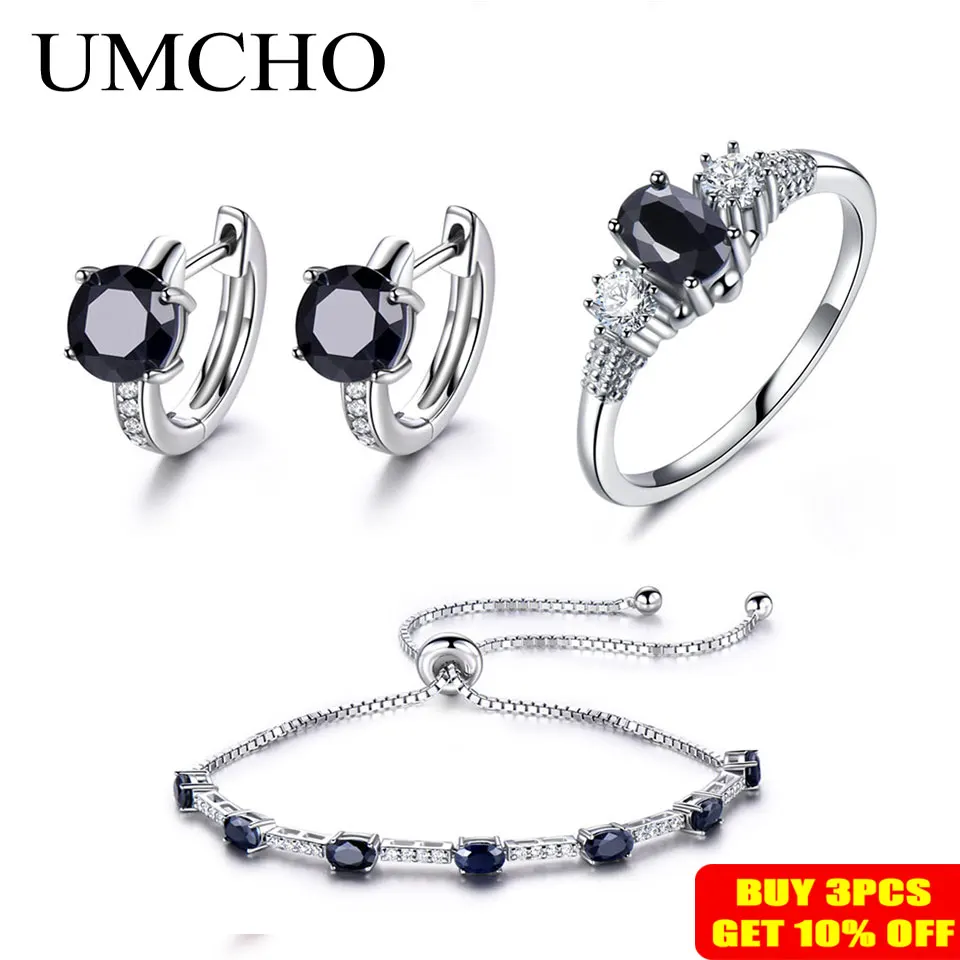 UMCHO твердый 925 пробы серебряный комплект ювелирных изделий натуральное кольцо с черным сапфиром кулон серьги гвоздики для женщин бренд хорошее ювелирное изделие Новинка
