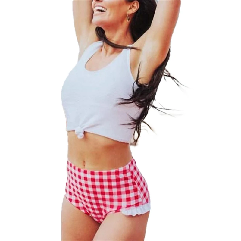 Women Two-piece Bathing Suit White Color Crop Top Ruffle Lace Plaid Thong High Waist Bikini Set Summer Sexy Swimwear Swimsuits |