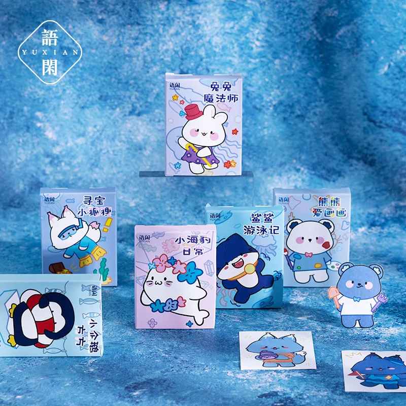 

50 Sheets/pack Boxed Stickers Blue Dream World Series Hand-painted Cute Handbook Diary Material Stickers 6 Designs