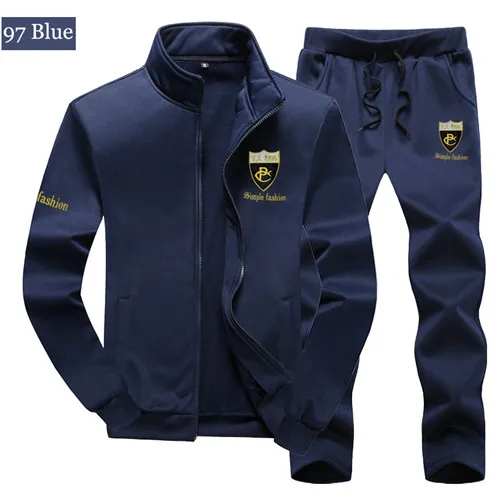Tracksuit Men Plus Size Brand Men Set Fashion Sporting Suit Sweatshirt+Sweatpants Mens Clothing Slim Male Tracksuit Hooded - Цвет: 97 blue